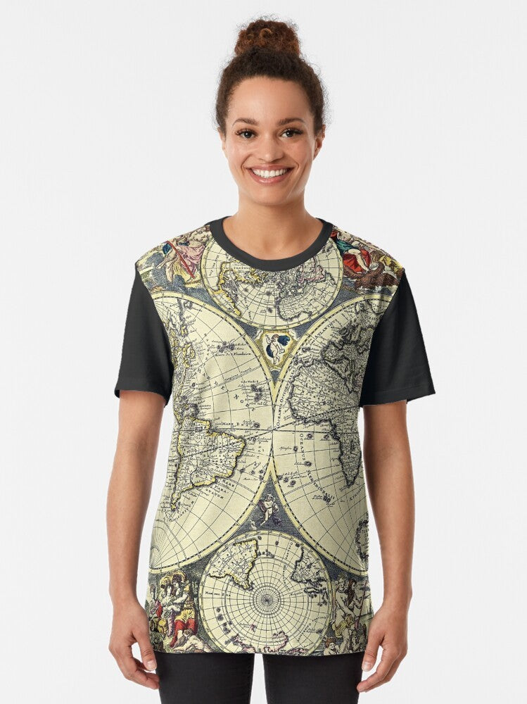 Vintage antique world map graphic t-shirt design featuring a rare manuscript-style illustration - Women