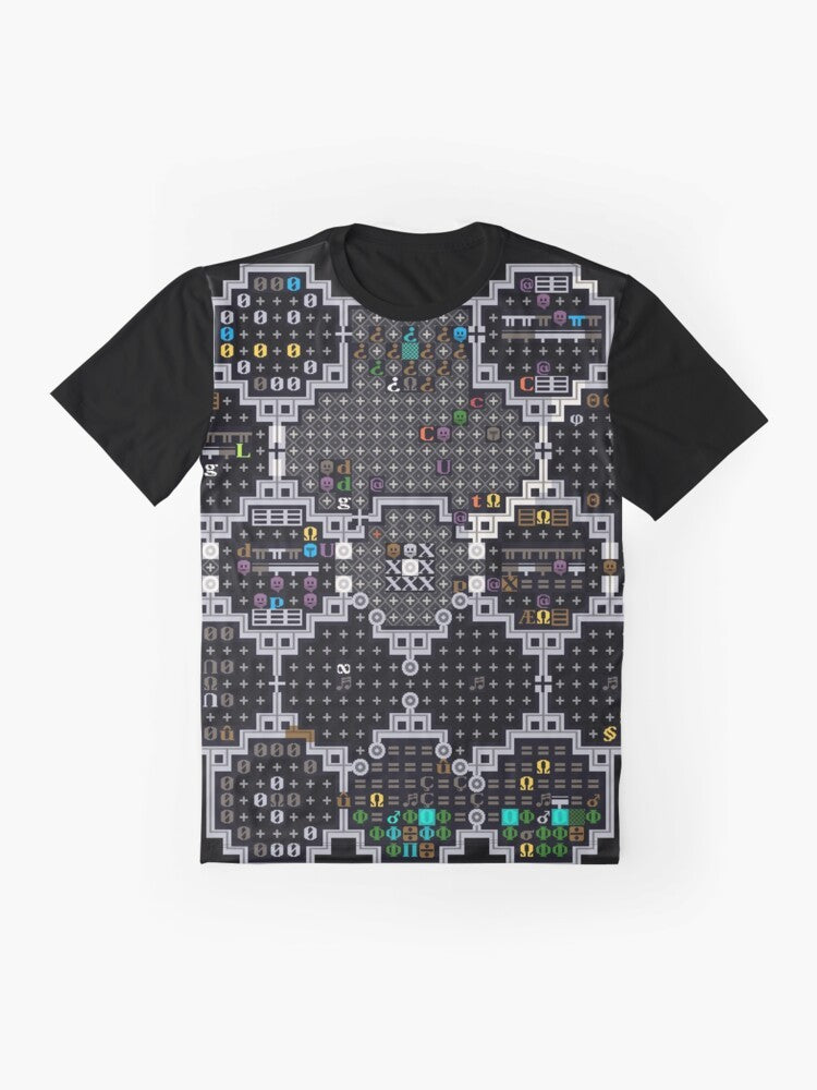 Dwarf Fortress gaming themed graphic t-shirt with pixel art tiles - Flat lay