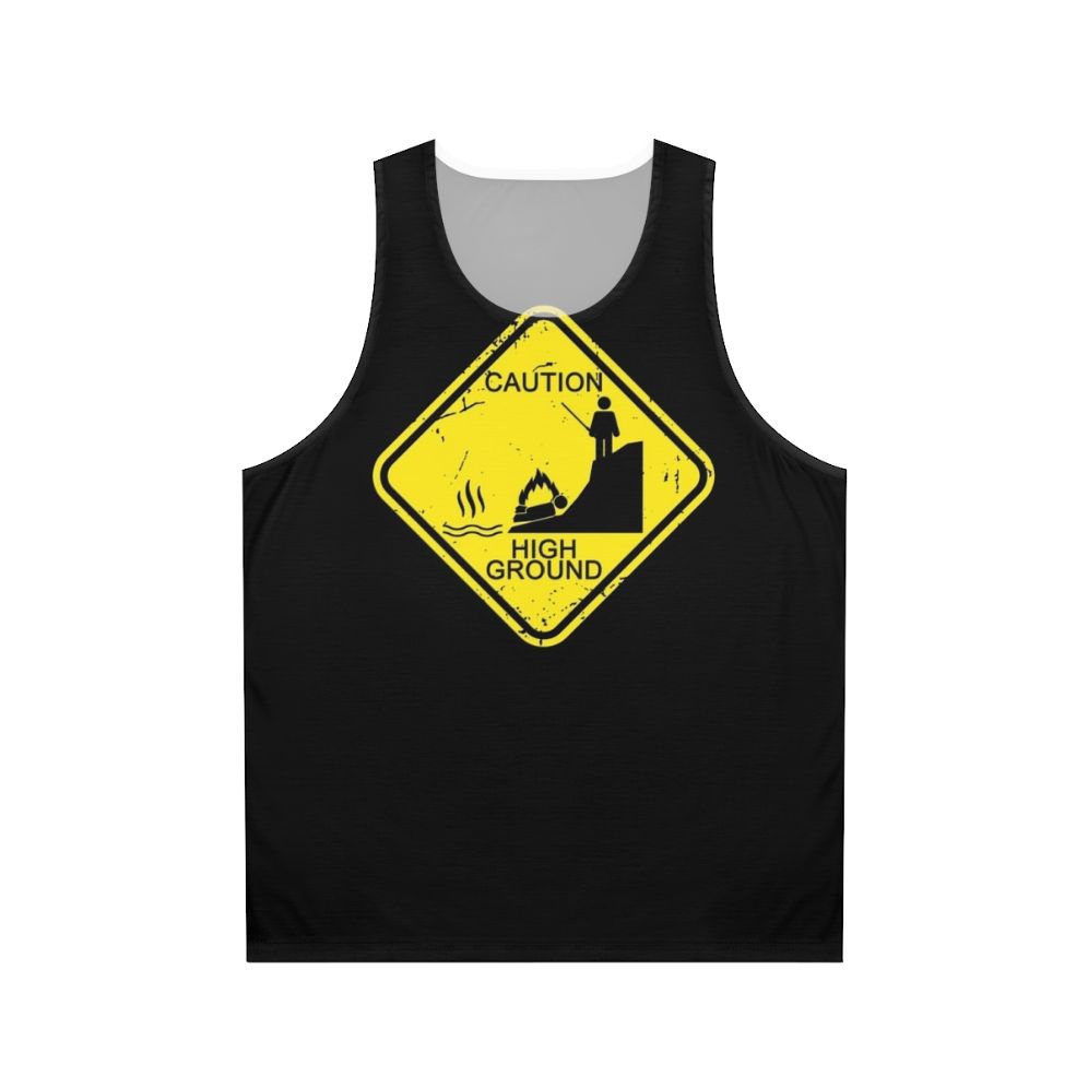 Unisex tank top with 'Caution High Ground' stick figure design