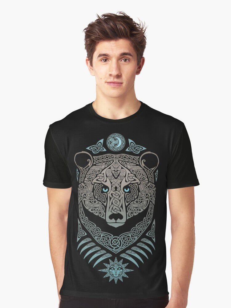 Tribal and mystical forest lord t-shirt design featuring a bear, owls, ravens, and Celtic knotwork. - Men