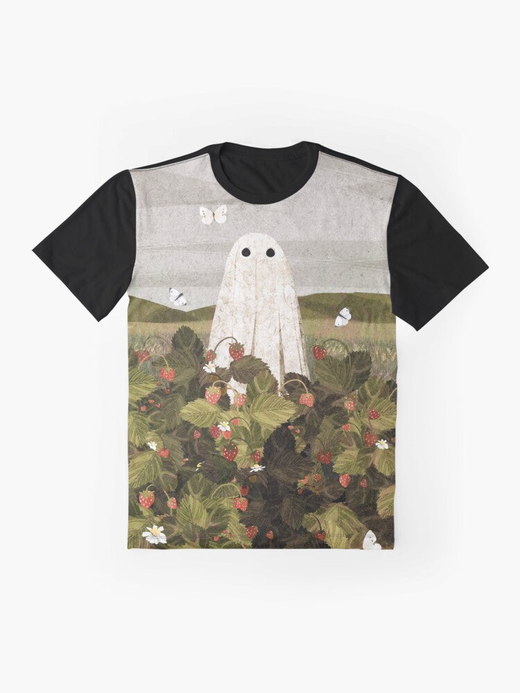 Strawberry graphic t-shirt with nature and folk art elements - Flat lay