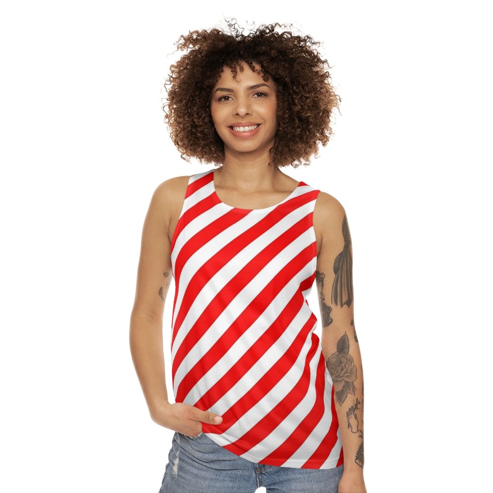 Unisex tank top with red and white diagonal stripes - women