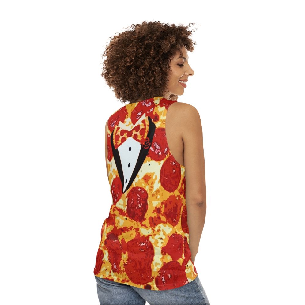 Pepperoni pizza tuxedo unisex tank top - women back