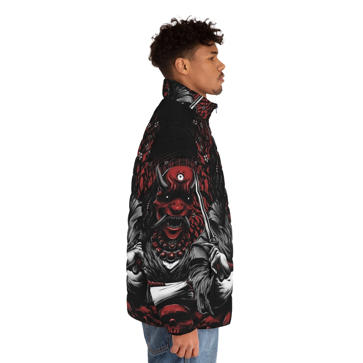 Oni Puffer Jacket featuring Japanese folklore demon and sakura flowers - men side right