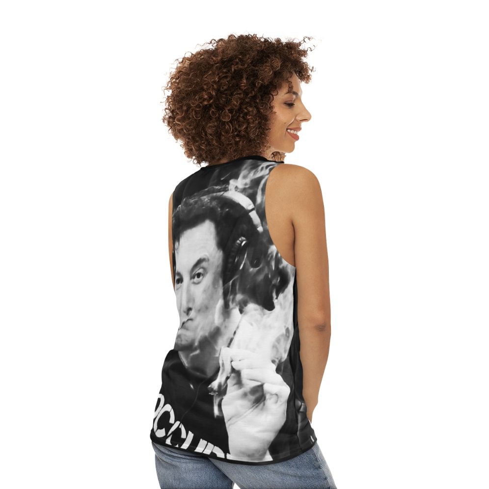 Unisex tank top with Elon Musk inspired smoking design - women back