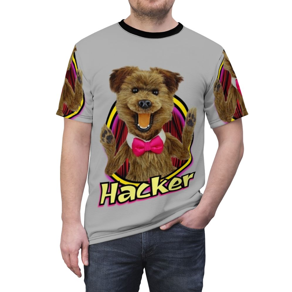 Vibrant and nostalgic t-shirt design featuring a puppet character in a hacker-inspired style - men front