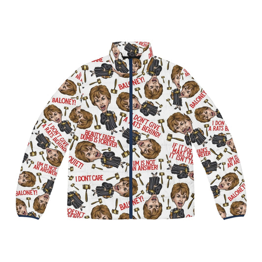 Judge Judy inspired puffer jacket with unique pop culture pattern