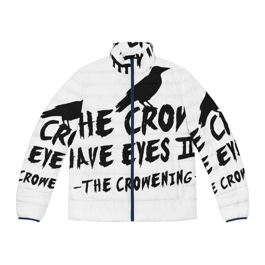 Schitt's Creek inspired The Crows Have Eyes III black puffer jacket with minimalist typography design