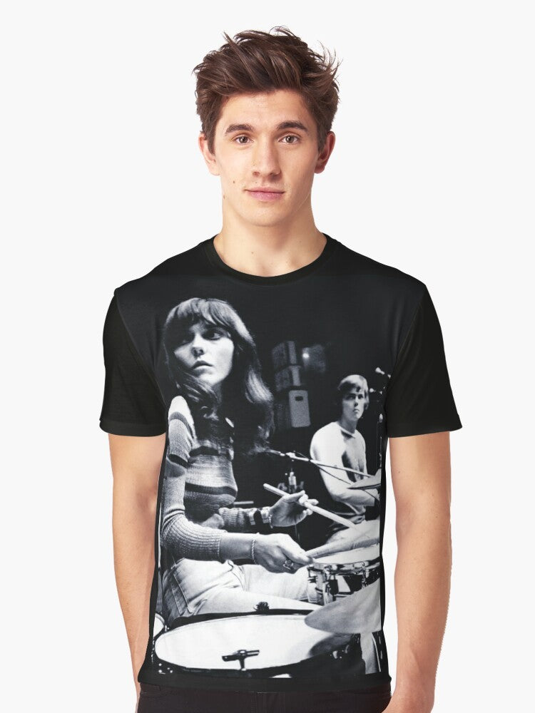 Graphic t-shirt design featuring an image of Karen Carpenter, the legendary singer and drummer of the Carpenters. - Men