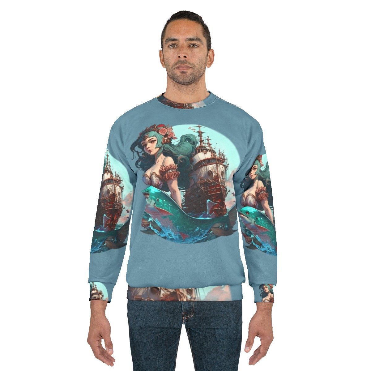 Mythical sea creatures sweatshirt featuring whimsical fantasy ocean beasts - men