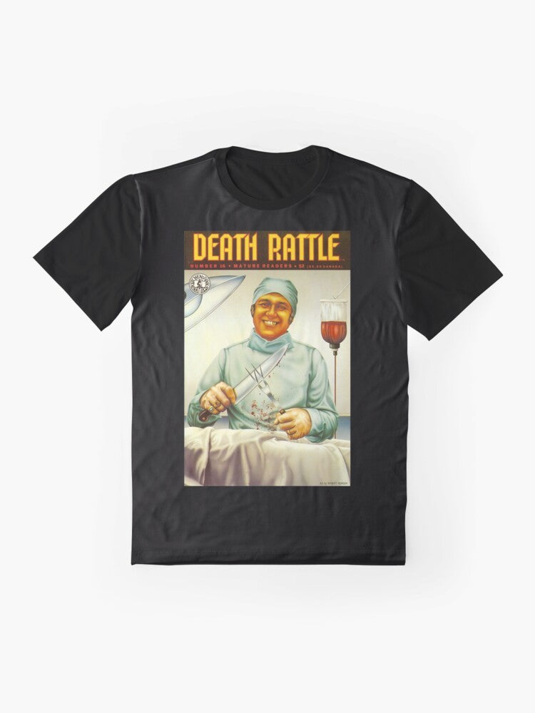 Vintage underground comic cover art "Death Rattle #16" horror graphic t-shirt design with blood, death, and monsters - Flat lay