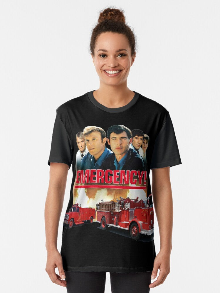 Retro Vintage Emergency! Tribute Graphic T-Shirt featuring paramedics and firefighters from the 1970s TV show. - Women