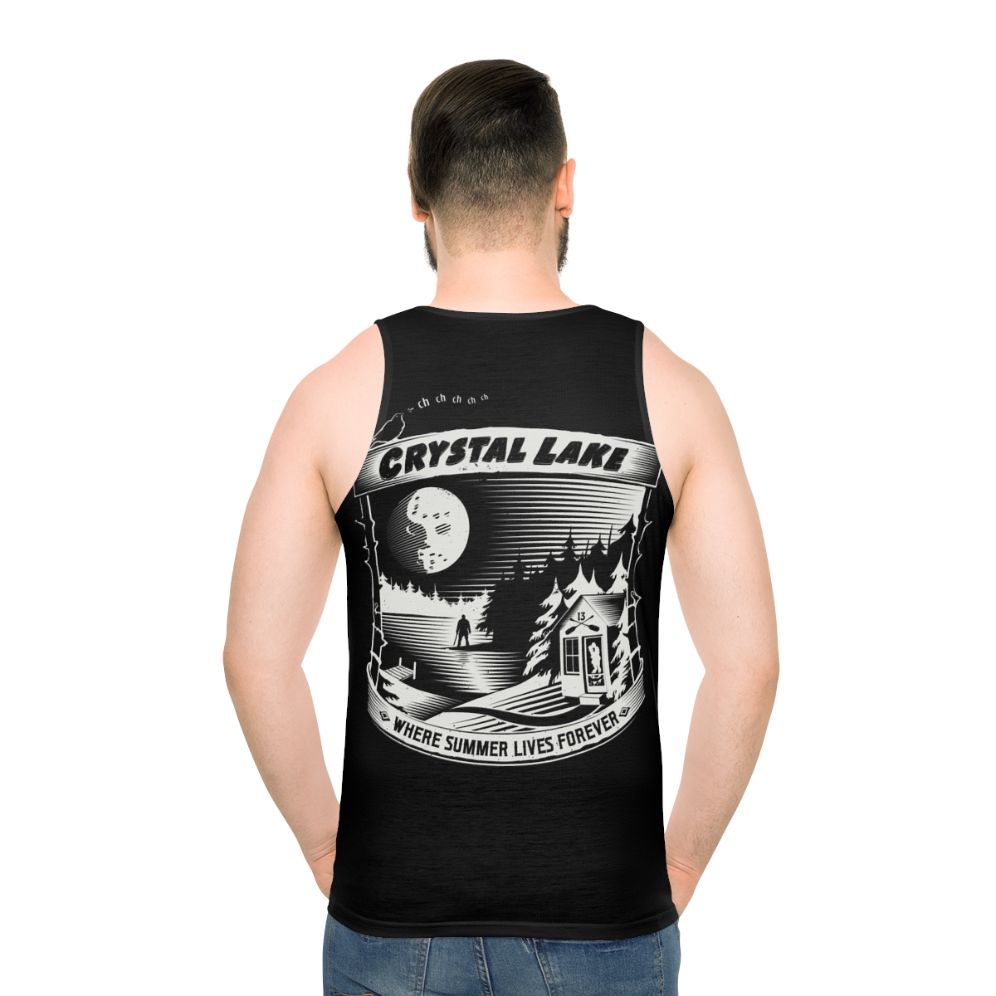 Horror movie inspired unisex tank top with "Camp Crystal Lake Where Summer Lives Forever" design - men back