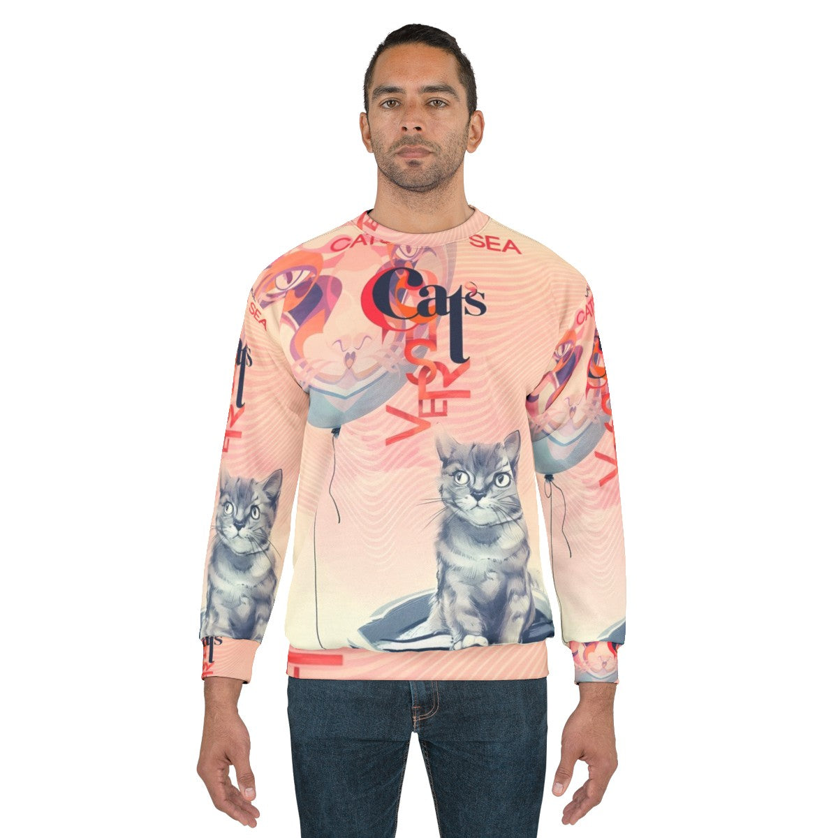 Sweatshirt with hand-drawn cat in a fantasy universe - men