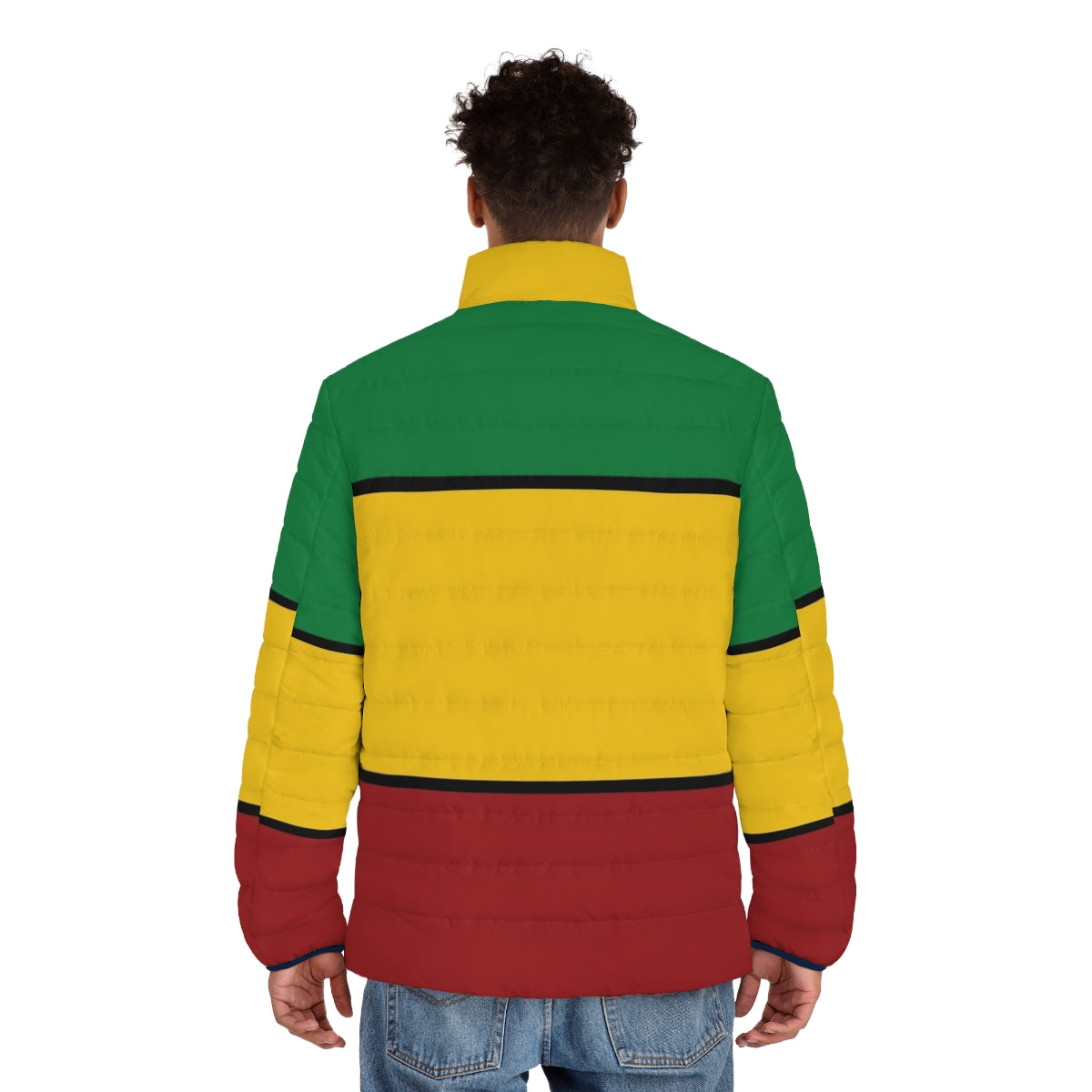 Rasta puffer jacket with stripes in the colors of the Rastafarian flag - men back