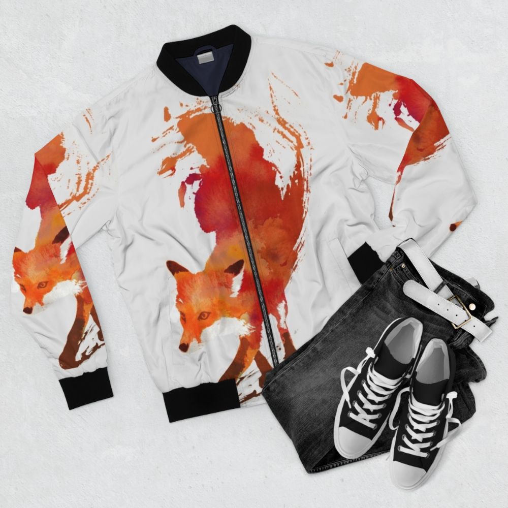 Watercolor painting of a fox on a bomber jacket - Flat lay