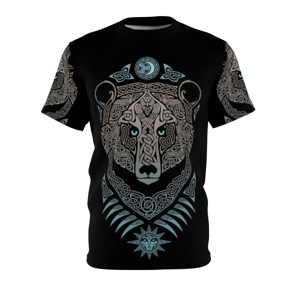 Mystical forest lord tribal t-shirt with Scandinavian mythology-inspired design featuring bears, owls, ravens, and Celtic knotwork