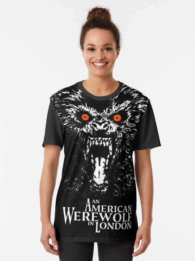 American Werewolf in London horror movie graphic t-shirt with a wolf, full moon, and other spooky elements - Women