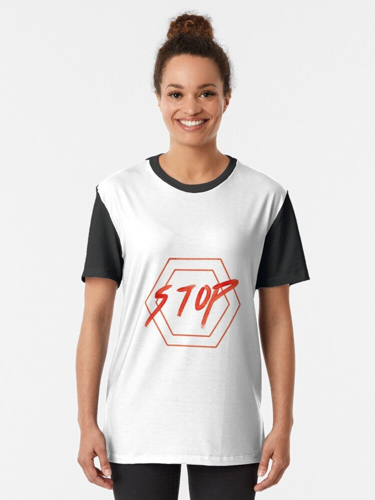 Cool Stop Graphic T-Shirt featuring a red hexagonal stop sign design - Women