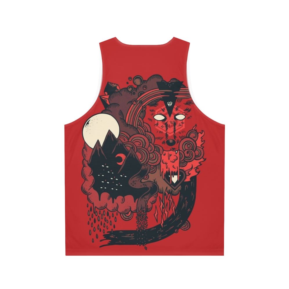 Unisex tank top with a fierce wolf leader design - Back