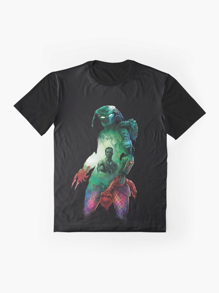 A graphic t-shirt featuring the Predator, a hunter from outer space, stalking its prey in the jungle. - Flat lay