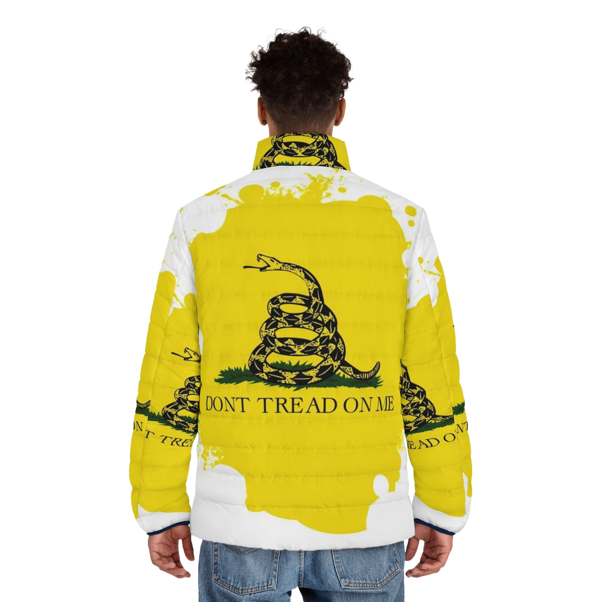 Puffer jacket with don't tread on me art design - men back