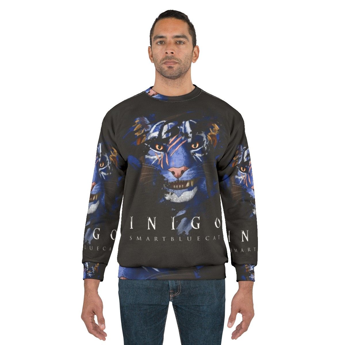 Inigo the Khajiit companion from Skyrim featured on a dark sweatshirt - men