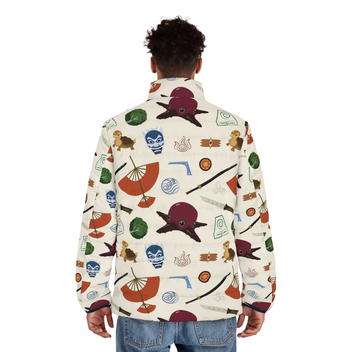 Colorful puffer jacket featuring patterns and characters from the anime series Avatar: The Last Airbender - men back