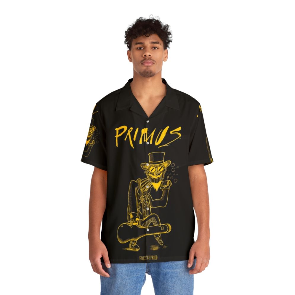 Frizzle Fried Cheese Ink Hawaiian Shirt with Primus, Les Claypool, and Tommy the Cat graphic - People Front