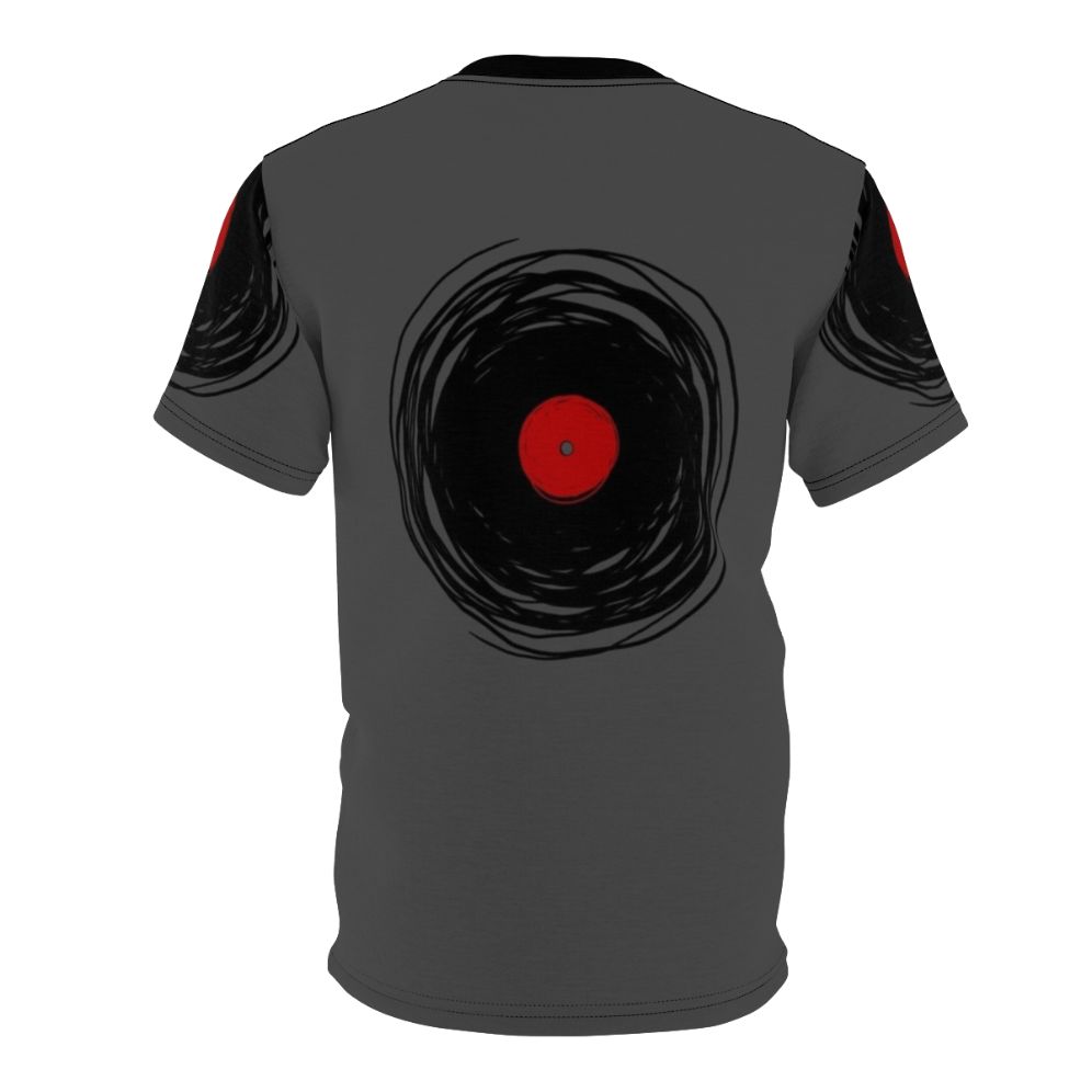 A t-shirt design featuring a spinning vinyl record with a grunge, vintage style. - Back