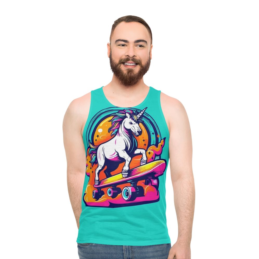 Neon unicorn skateboarding unisex tank top - men