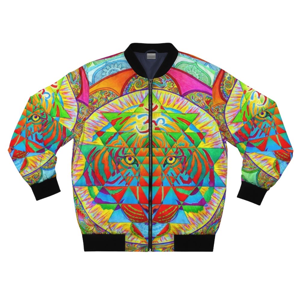 Psychedelic tiger and Sri Yantra mandala design on a bomber jacket