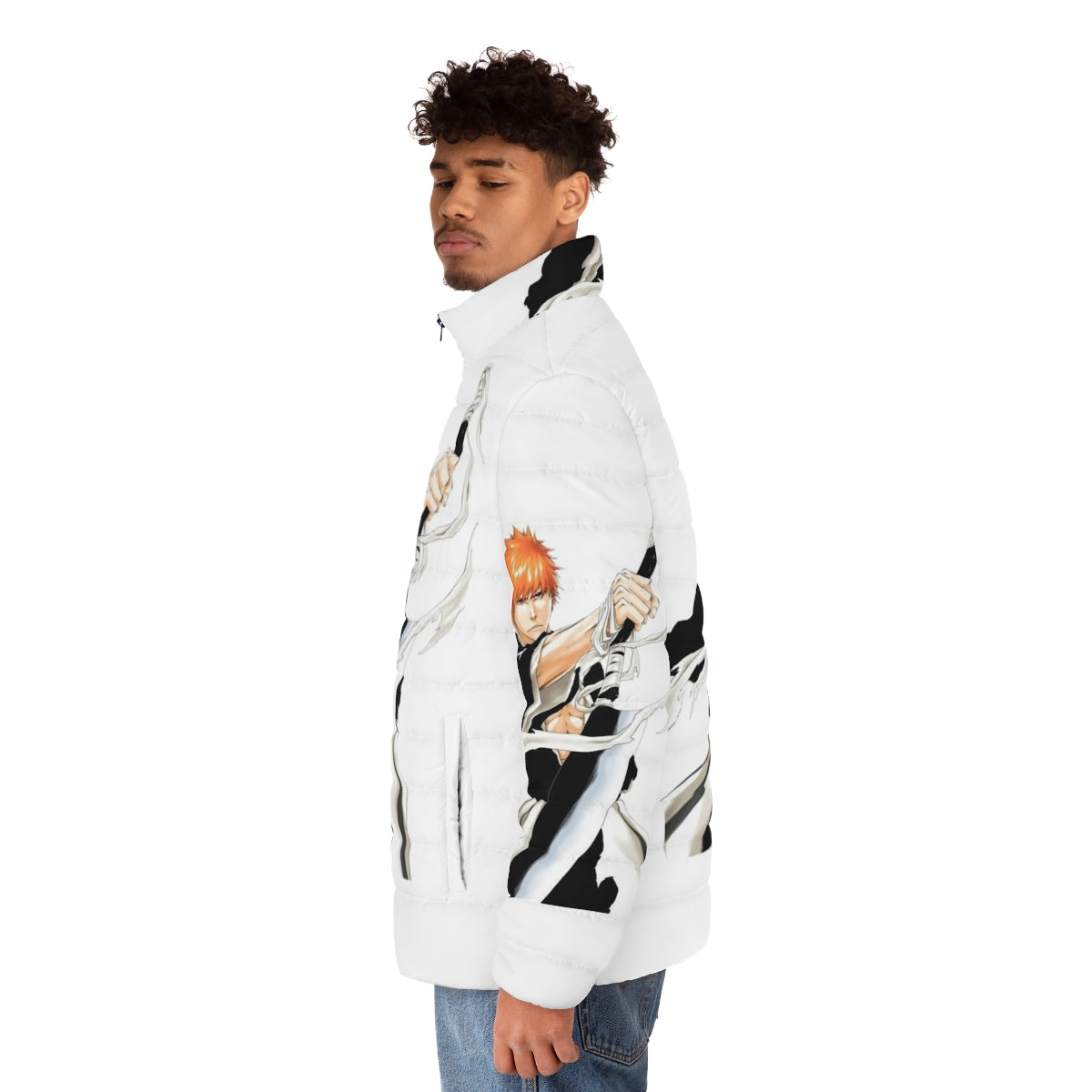 Anime-style Ichigoat Puffer Jacket with anime character design - men side left