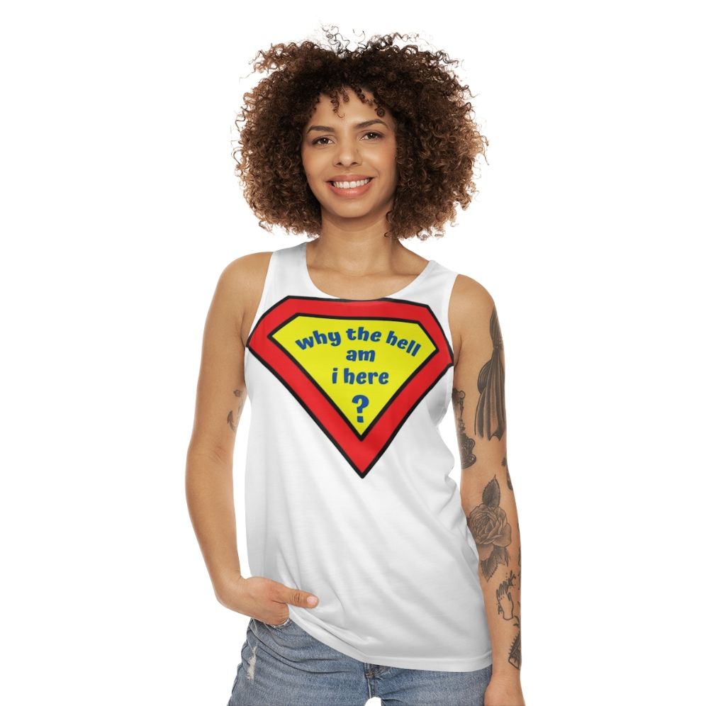 Confused comic superhero unisex tank top - women