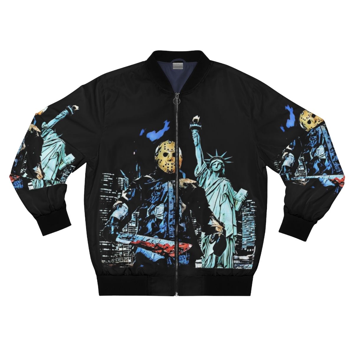 Horror movie inspired "Jason Takes Manhattan" bomber jacket featuring Friday the 13th character