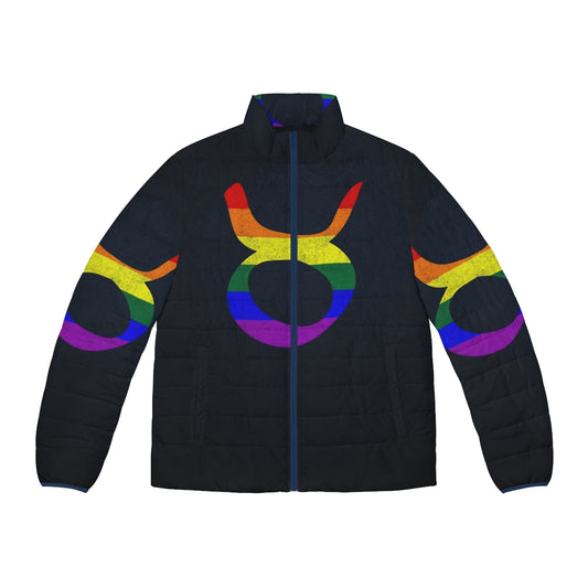 Taurus LGBTQ+ pride puffer jacket featuring the rainbow pride flag and astrology symbolism