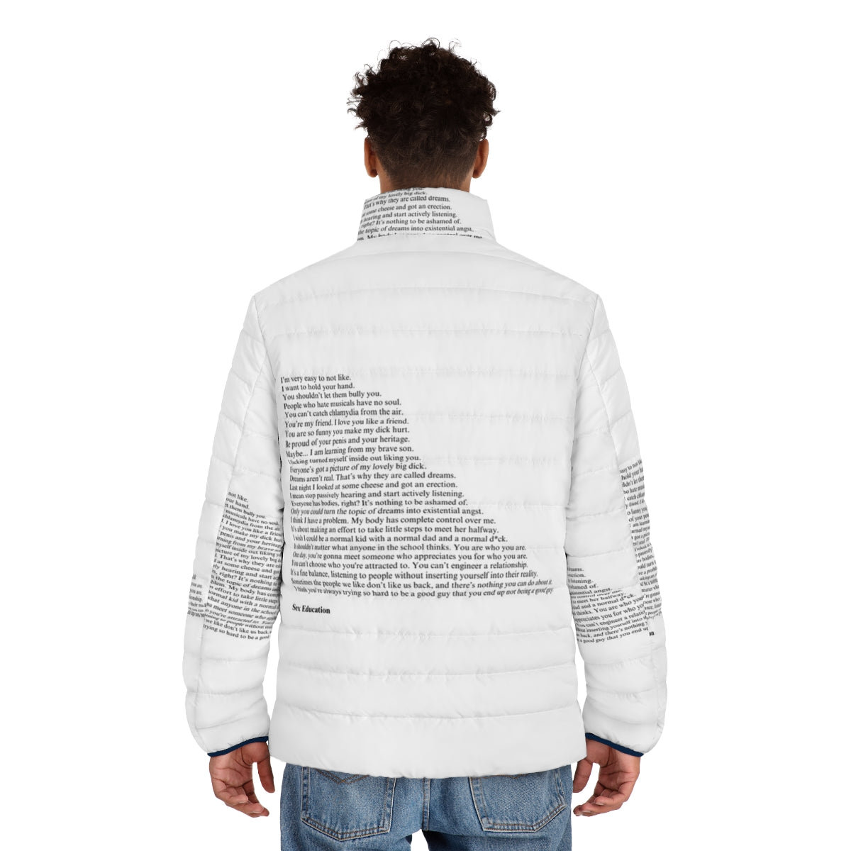 Puffer jacket featuring quotes from the Netflix series Sex Education - men back