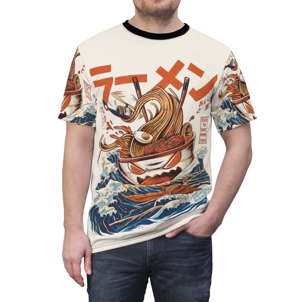 Retro-style t-shirt design featuring an angry monster ramen bowl with Japanese-inspired wave pattern - men front