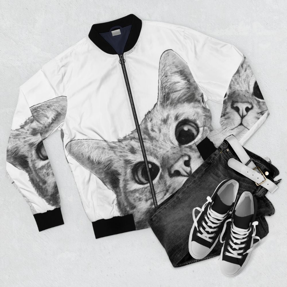 A black and white cat peeking out from a cute bomber jacket - Flat lay