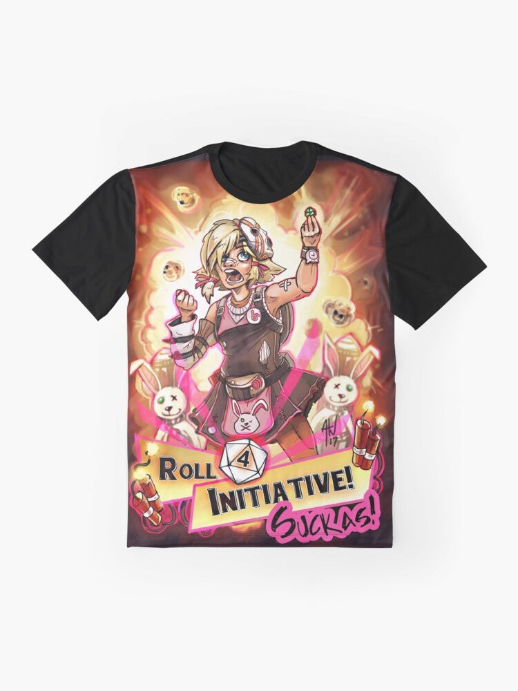 A graphic t-shirt design featuring the text "Roll for Initiative Suckas!" with dice and Borderlands-inspired elements, perfect for Borderlands fans and gamers. - Flat lay