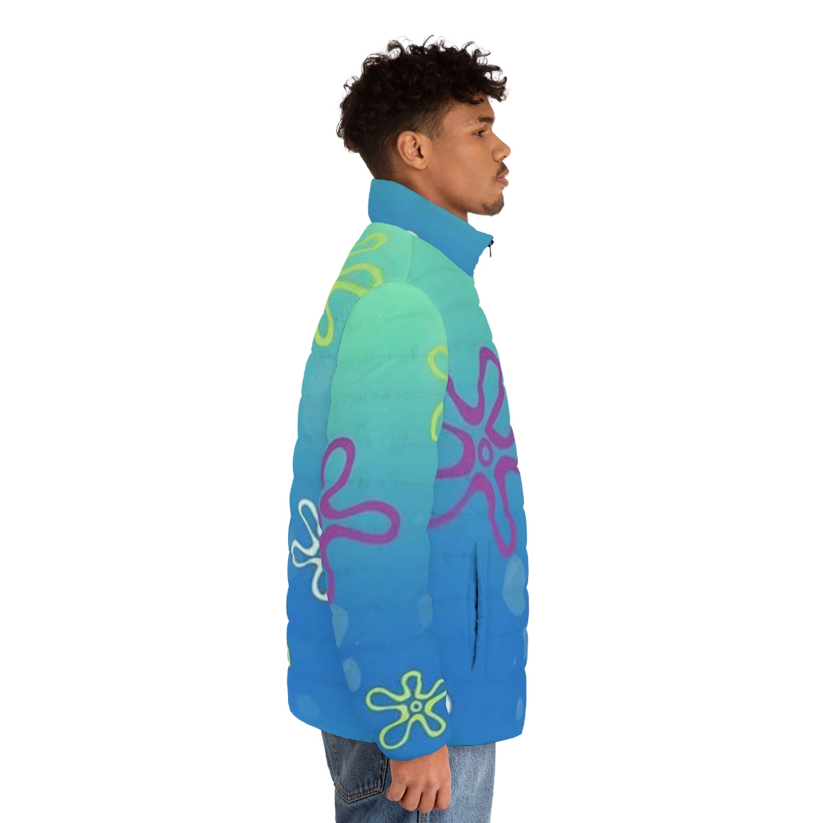 Spongebob Bikini Bottom themed puffer jacket with tapestry design - men side right