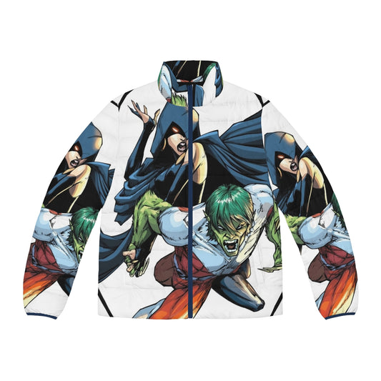 Bbrae Comic Cover Puffer Jacket featuring Teen Titans characters Beast Boy and Raven