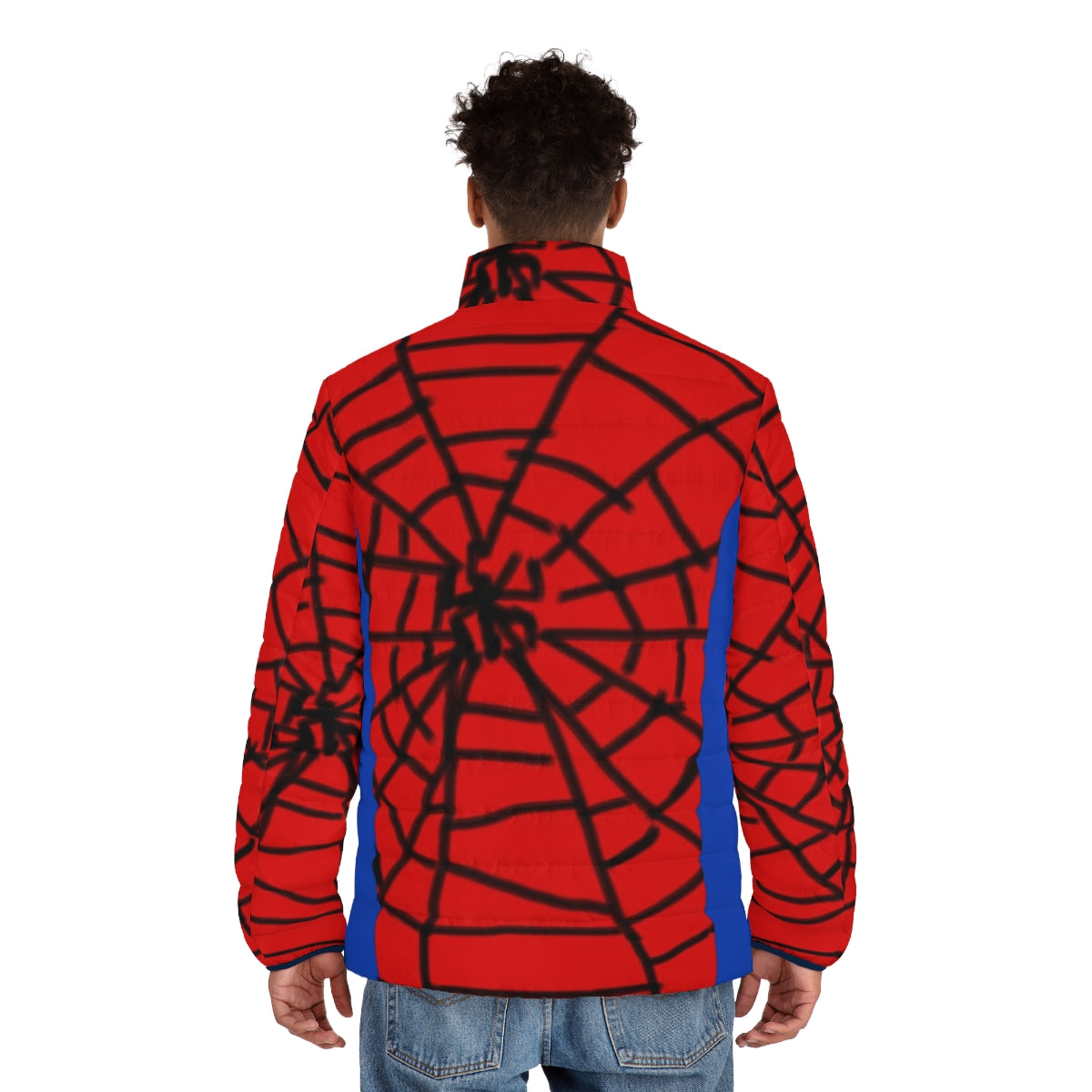 Spiderman superhero puffer jacket with web graphic design - men back