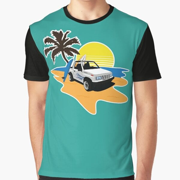 Stylish graphic t-shirt featuring a beach, geo tracker, and summer landscape design