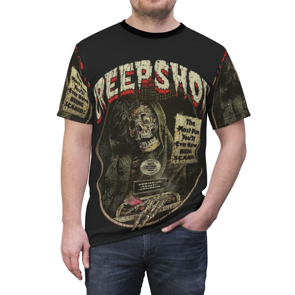 Creepshow 1982 horror movie t-shirt with skeleton, monster, and spooky imagery - men front