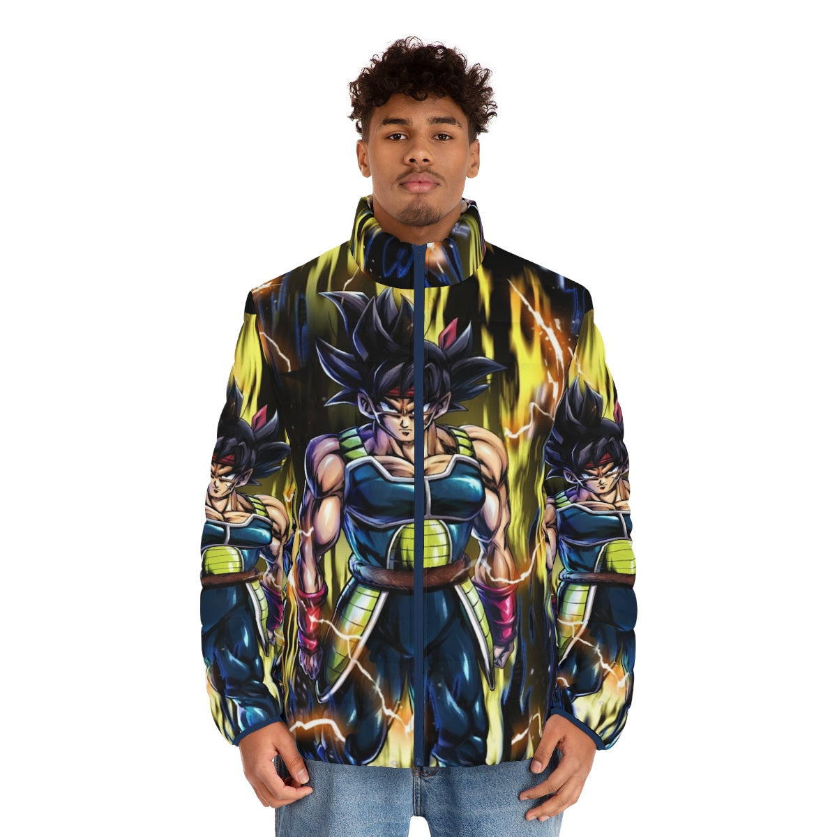 Bardock Dragonball Puffer Jacket with Sayan and Goku Inspired Designs - men front