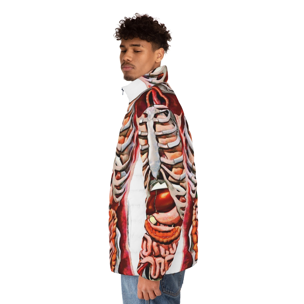 Puffer jacket with detailed print of human internal organs and skeleton anatomy - men side left