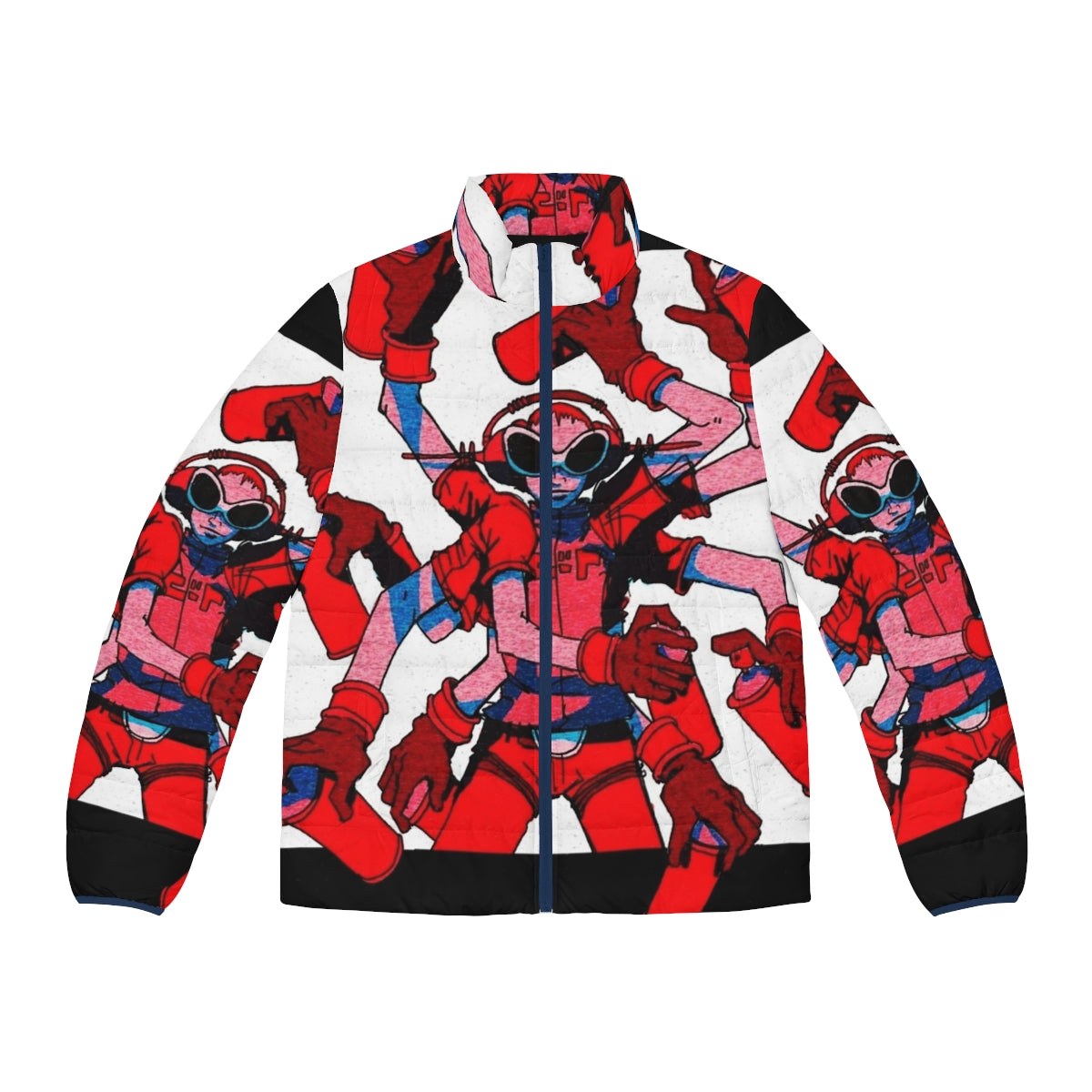 Jet Set Radio inspired puffer jacket with vibrant colors and retro gaming graphics