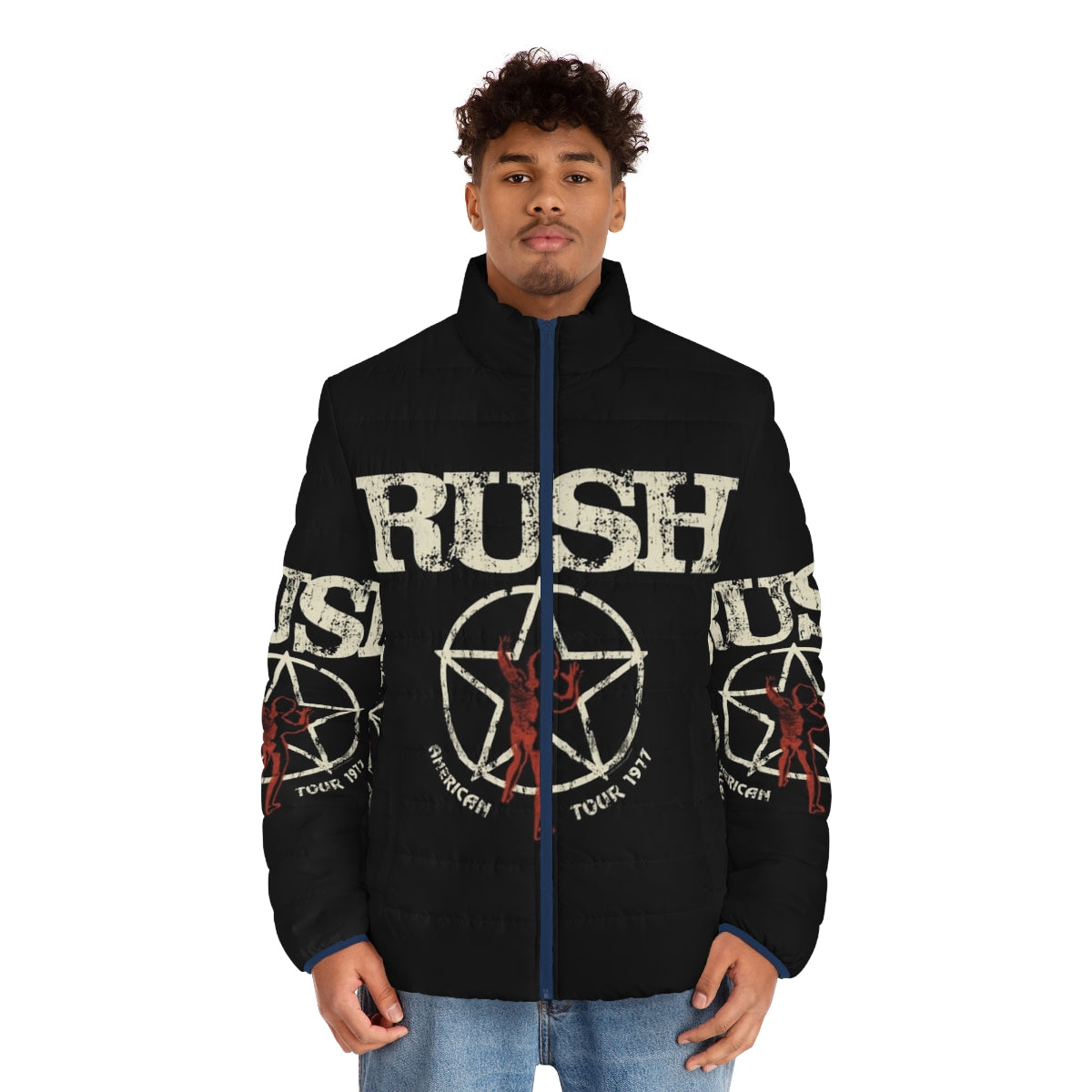 Rush band logo on retro-style puffer jacket for music fans - men front