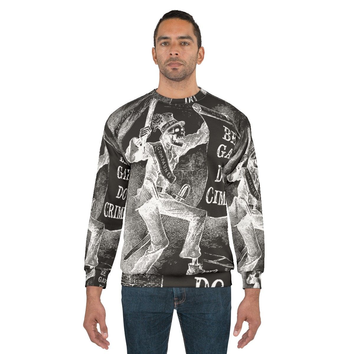 Skeleton sweatshirt with "Be Gay Do Crime" text and LGBTQ, anarchy, communist imagery - men